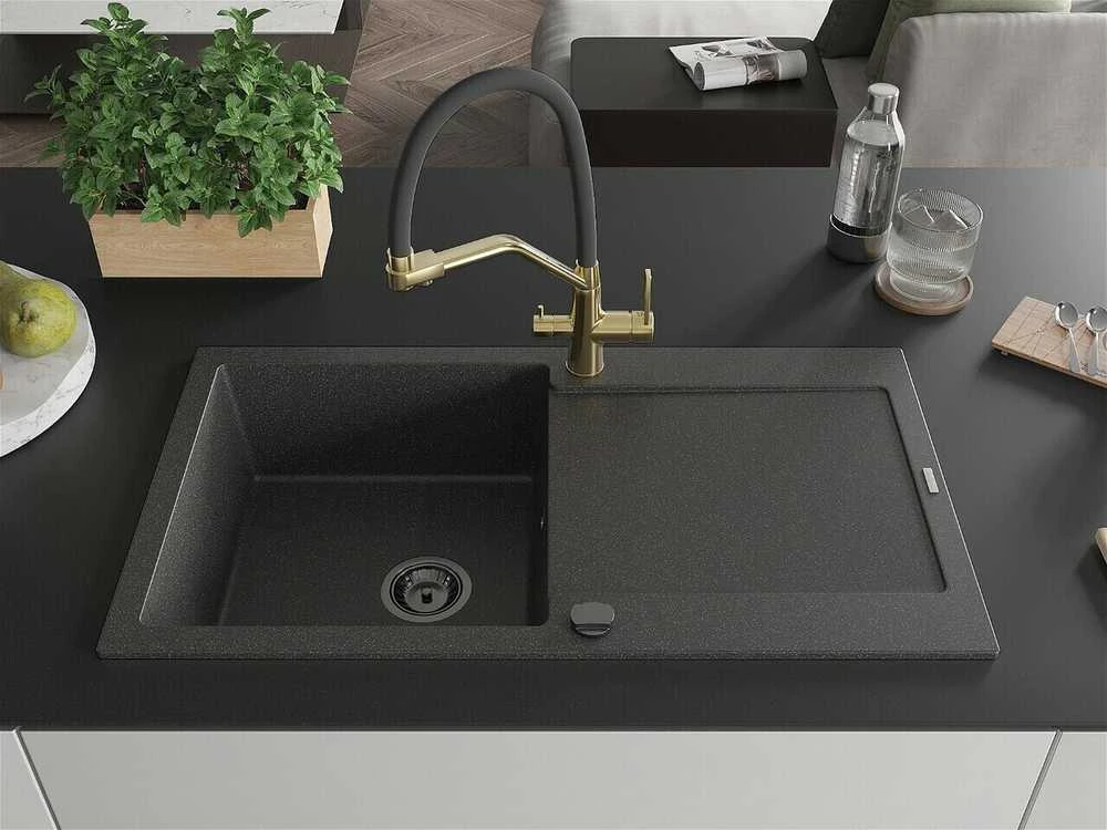 Granitinė virtuvinė plautuvė Mexen Leo su maišytuvu ir sifonu, Juodas granite+Juodas/Gold