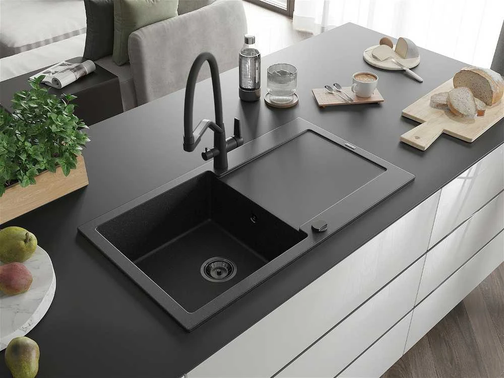 Granitinė virtuvinė plautuvė Mexen Leo su maišytuvu ir sifonu, Metallic juodas/sidabrinis+Juodas