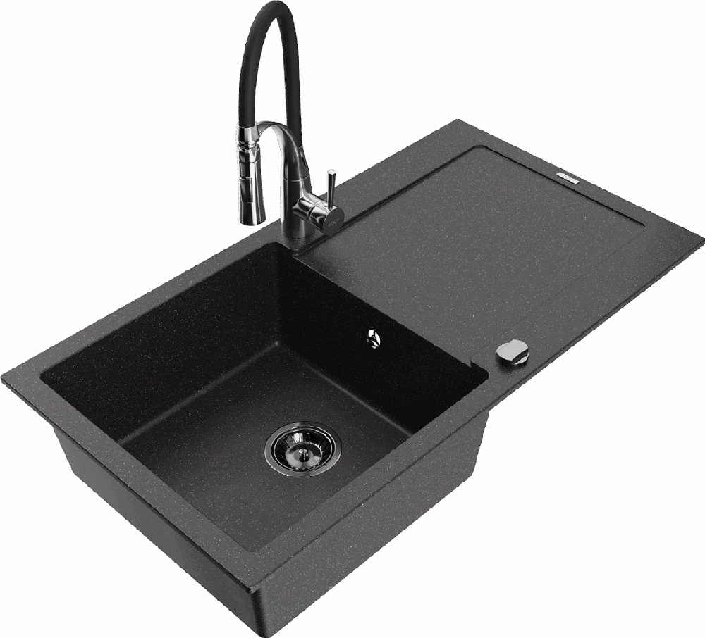 Granitinė virtuvinė plautuvė Mexen Leo su maišytuvu ir sifonu, Metallic juodas/sidabrinis+Juodas/Chrome
