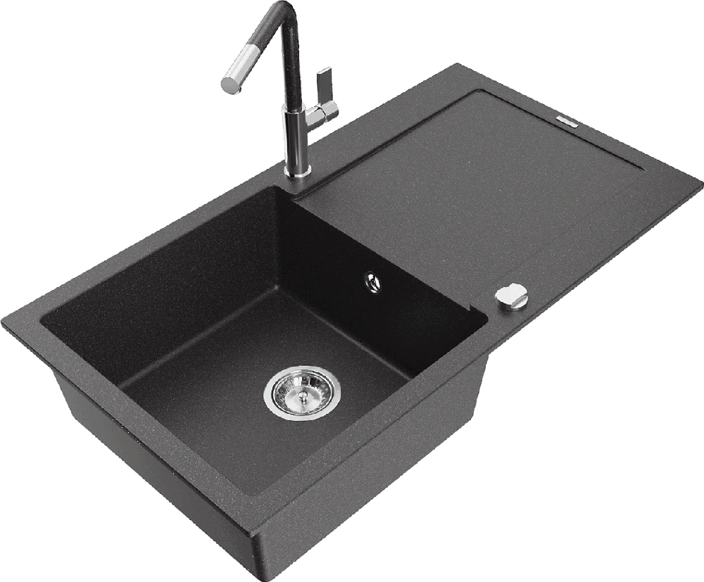 Granitinė virtuvinė plautuvė Mexen Leo su maišytuvu ir sifonu, Juodas granite+Juodas granite/Chrome