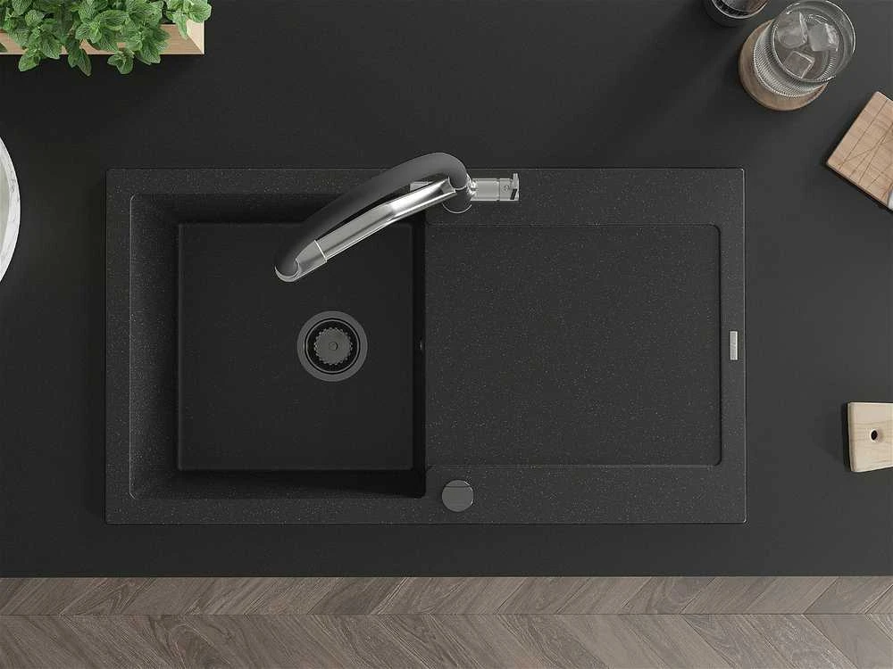 Granitinė virtuvinė plautuvė Mexen Leo su maišytuvu ir sifonu, Metallic juodas/sidabrinis+Juodas/Chrome