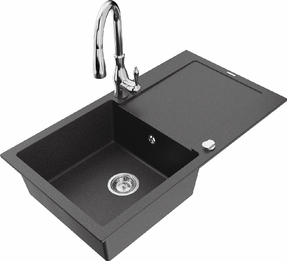 Granitinė virtuvinė plautuvė Mexen Leo su maišytuvu ir sifonu, Juodas granite+Chrome