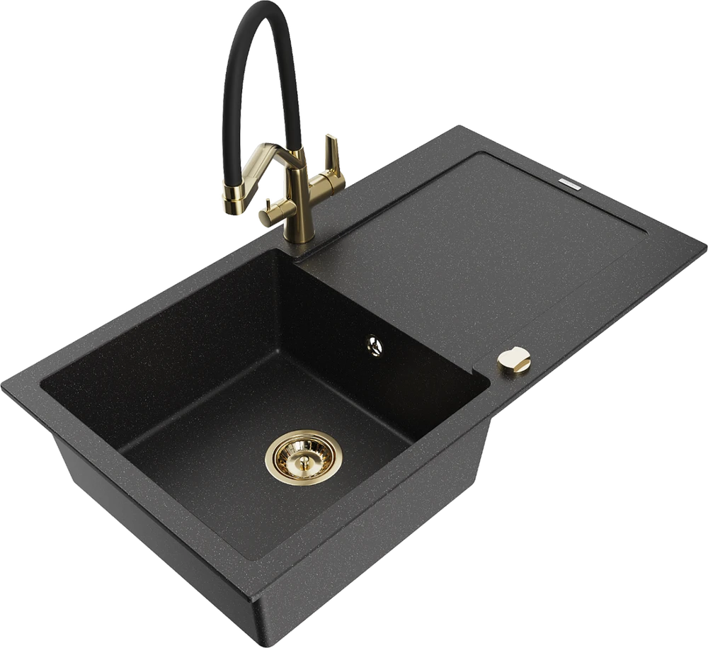 Granitinė virtuvinė plautuvė Mexen Leo su maišytuvu ir sifonu, Metallic juodas/sidabrinis+Juodas/Gold