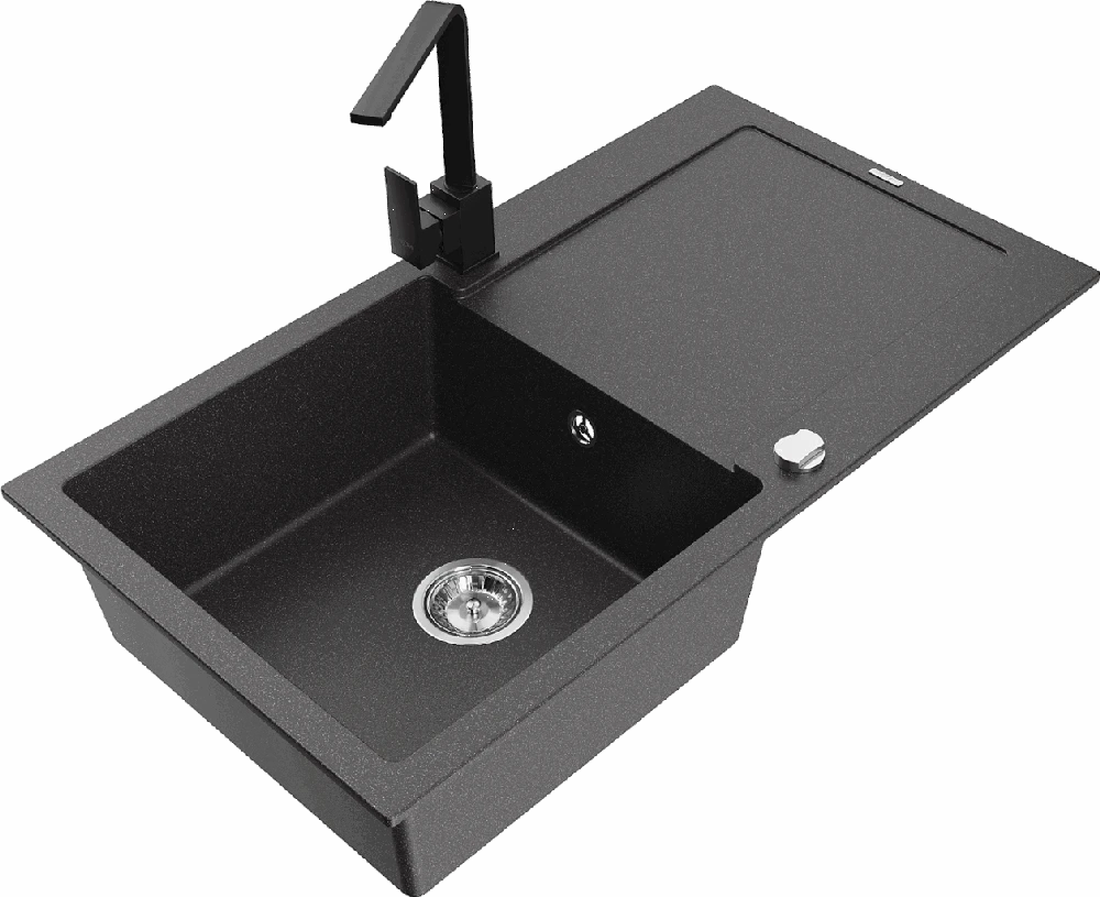 Granitinė virtuvinė plautuvė Mexen Leo su maišytuvu ir sifonu, Juodas granite+Juodas