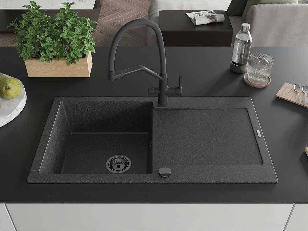 Granitinė virtuvinė plautuvė Mexen Leo su maišytuvu ir sifonu, Juodas granite+Juodas