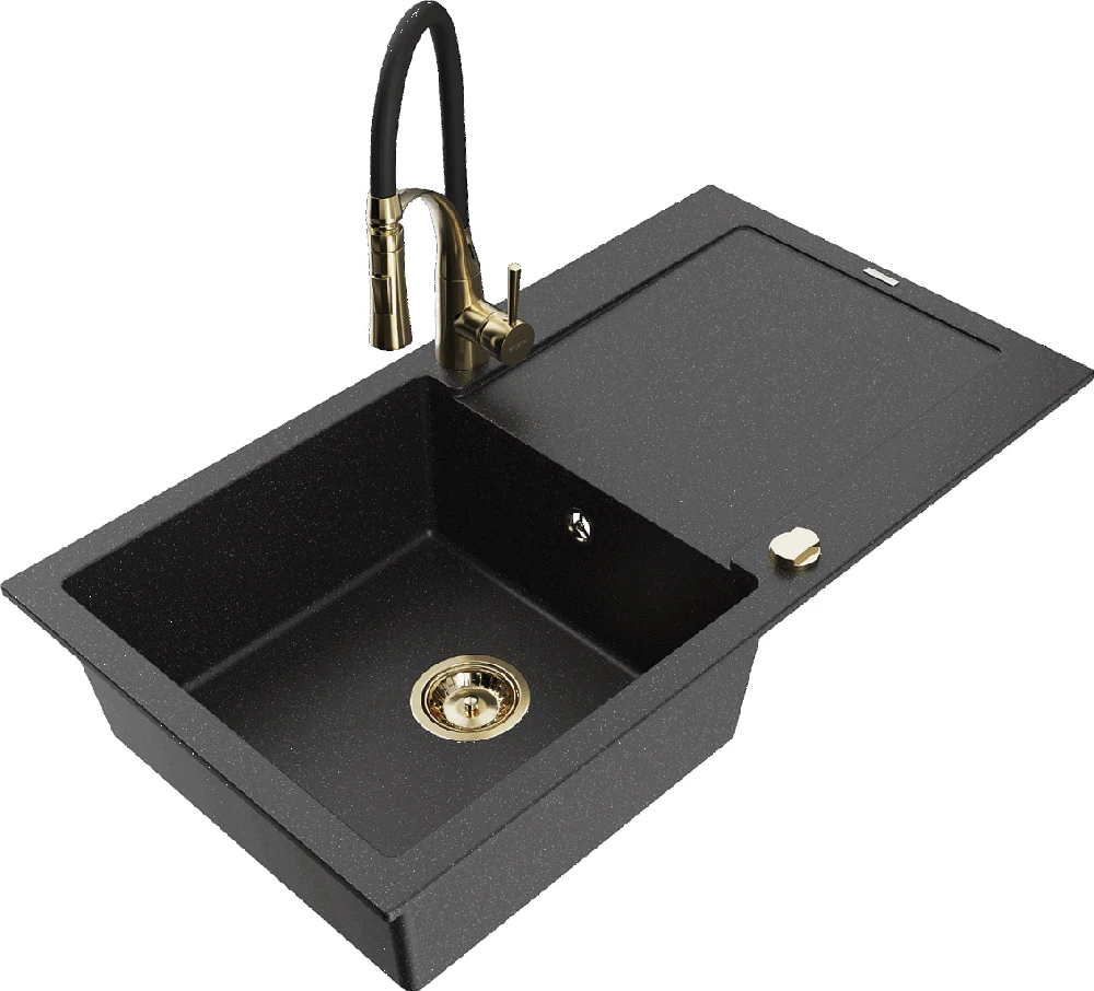 Granitinė virtuvinė plautuvė Mexen Leo su maišytuvu ir sifonu, Metallic juodas/sidabrinis+Juodas/Gold