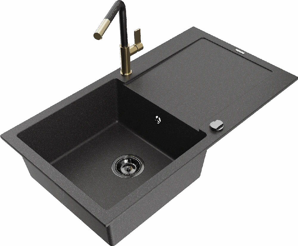 Granitinė virtuvinė plautuvė Mexen Leo su maišytuvu ir sifonu, Juodas granite+Juodas/Gold