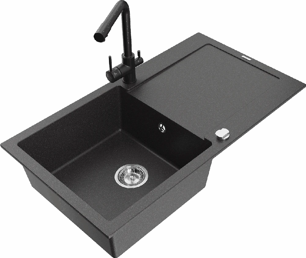 Granitinė virtuvinė plautuvė Mexen Leo su maišytuvu ir sifonu, Juodas granite+Juodas