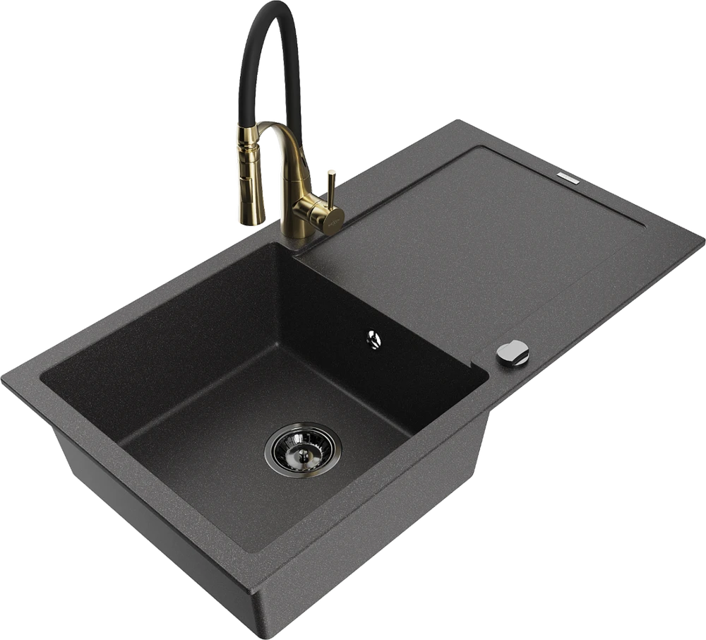 Granitinė virtuvinė plautuvė Mexen Leo su maišytuvu ir sifonu, Juodas granite+Juodas/Gold