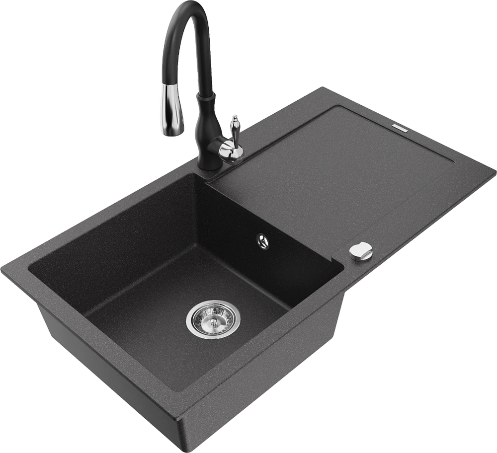 Granitinė virtuvinė plautuvė Mexen Leo su maišytuvu ir sifonu, Juodas granite+Juodas