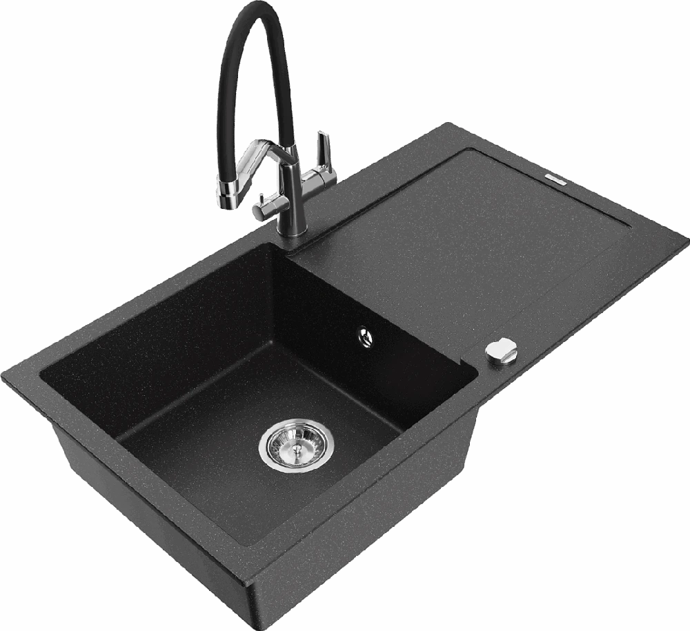 Granitinė virtuvinė plautuvė Mexen Leo su maišytuvu ir sifonu, Metallic juodas/sidabrinis+Juodas/Chrome