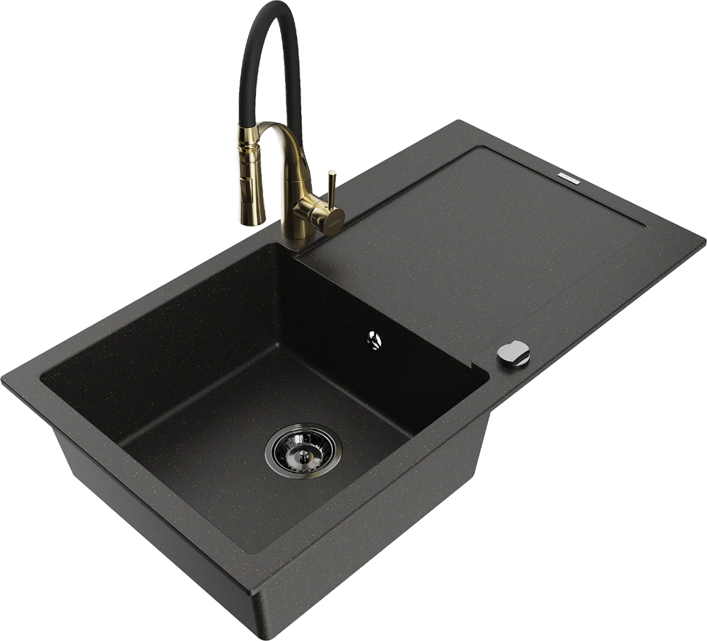 Granitinė virtuvinė plautuvė Mexen Leo su maišytuvu ir sifonu, Metallic juodas/auksinis+Juodas/Gold