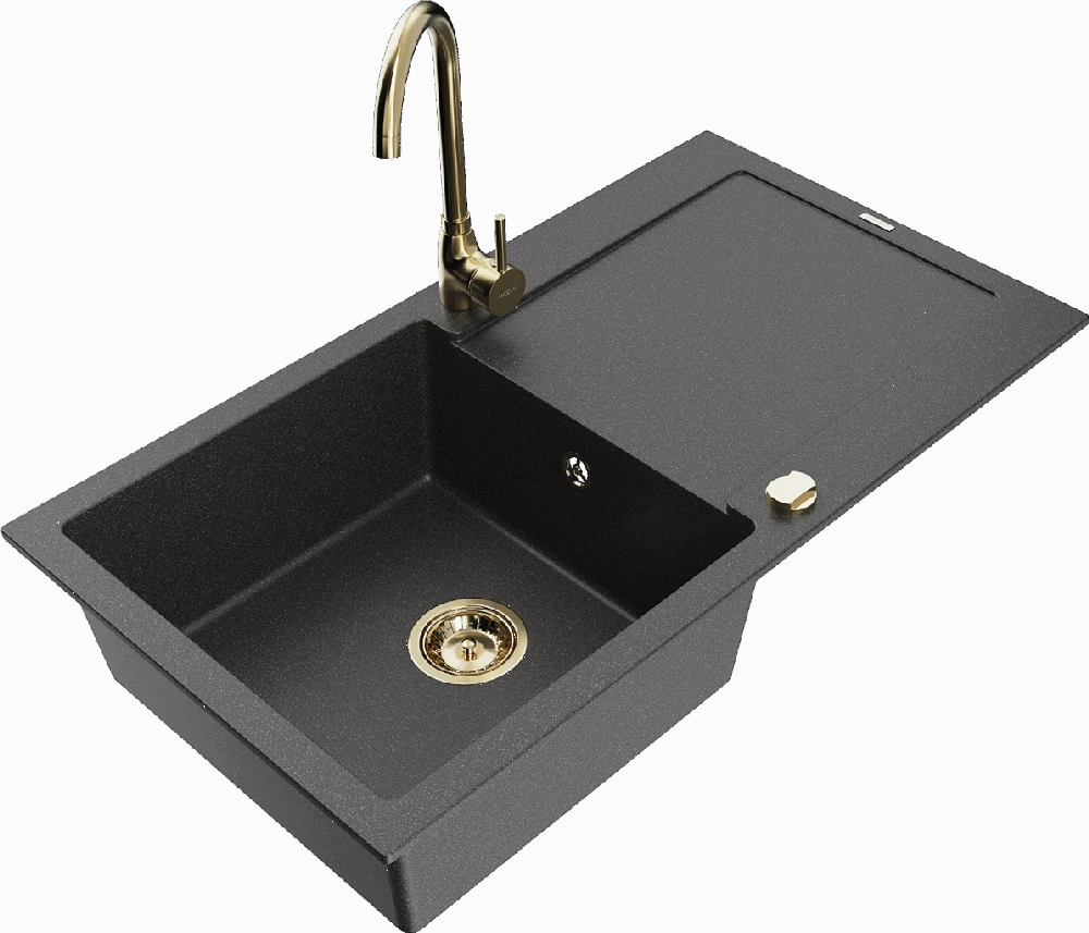Granitinė virtuvinė plautuvė Mexen Leo su maišytuvu ir sifonu, Juodas granite+Gold