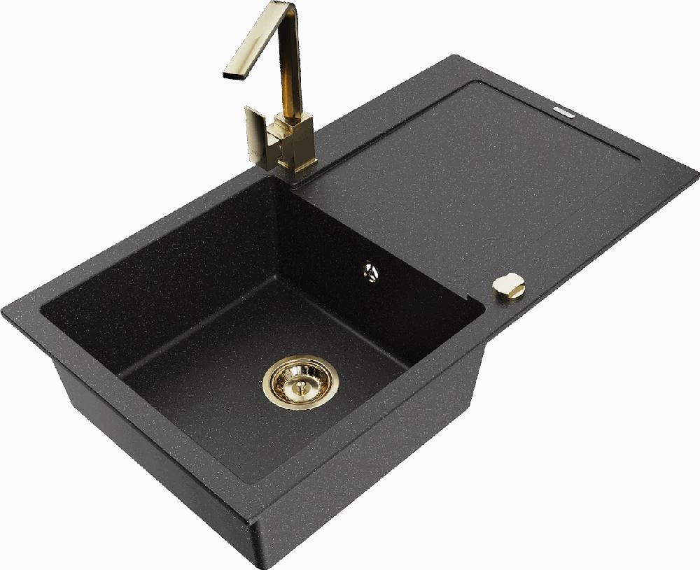 Granitinė virtuvinė plautuvė Mexen Leo su maišytuvu ir sifonu, Metallic juodas/sidabrinis+Gold