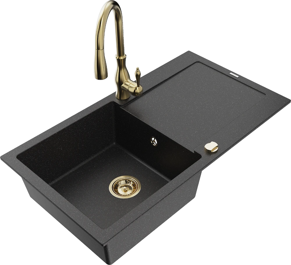 Granitinė virtuvinė plautuvė Mexen Leo su maišytuvu ir sifonu, Metallic juodas/sidabrinis+Gold