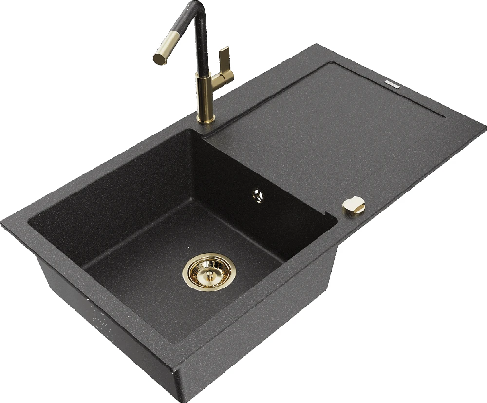 Granitinė virtuvinė plautuvė Mexen Leo su maišytuvu ir sifonu, Juodas granite+Juodas granite/Gold