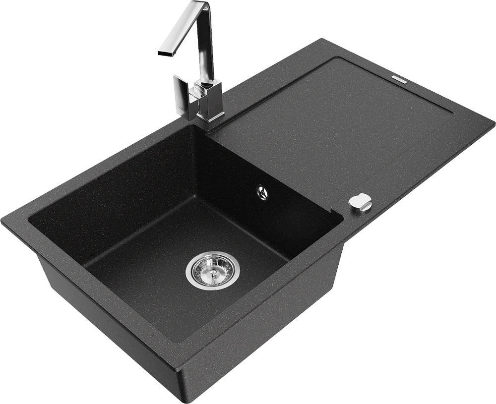 Granitinė virtuvinė plautuvė Mexen Leo su maišytuvu ir sifonu, Metallic juodas/sidabrinis+Chrome