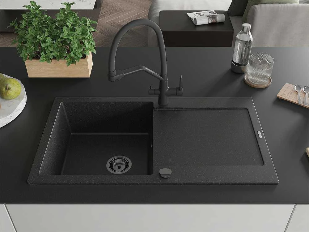 Granitinė virtuvinė plautuvė Mexen Leo su maišytuvu ir sifonu, Metallic juodas/sidabrinis+Juodas