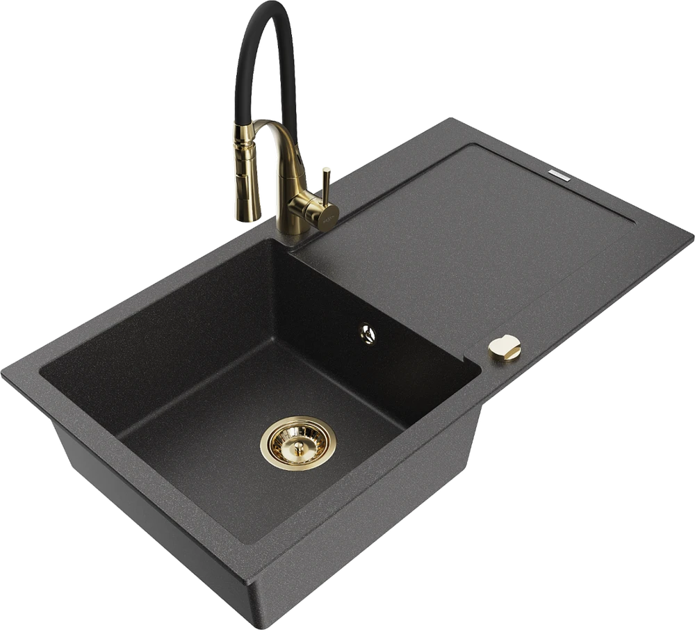 Granitinė virtuvinė plautuvė Mexen Leo su maišytuvu ir sifonu, Juodas granite+Juodas/Gold