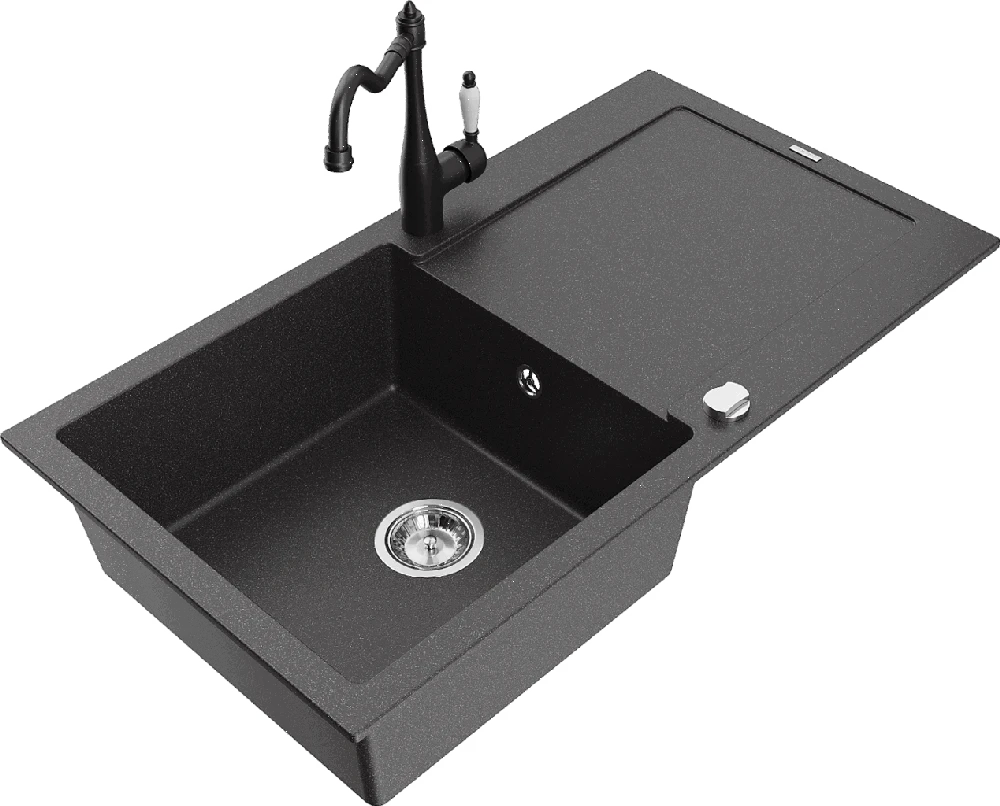 Granitinė virtuvinė plautuvė Mexen Leo su maišytuvu ir sifonu, Juodas granite+Juodas