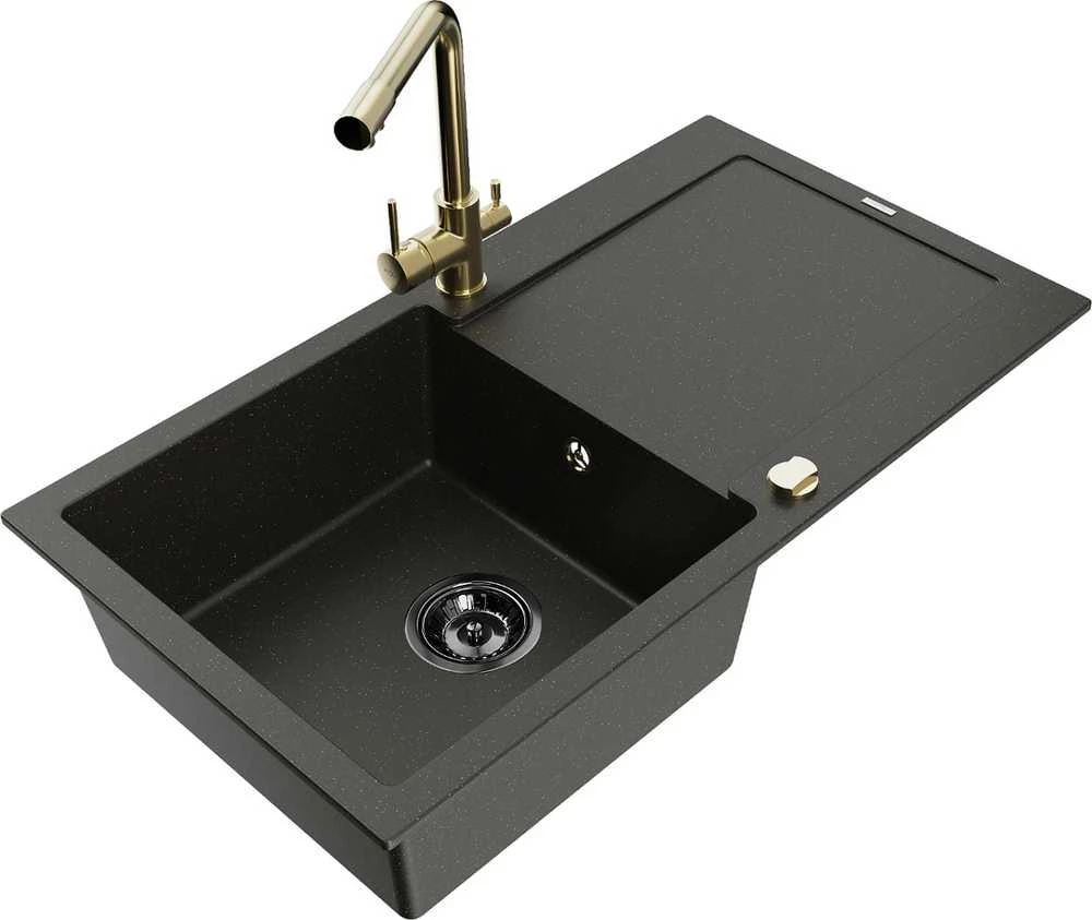 Granitinė virtuvinė plautuvė Mexen Leo su maišytuvu ir sifonu, Metallic juodas/auksinis+Gold