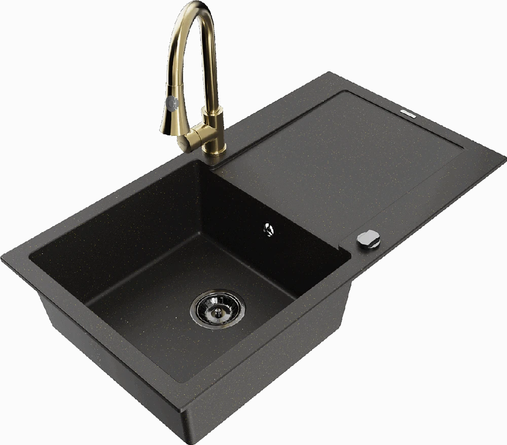 Granitinė virtuvinė plautuvė Mexen Leo su maišytuvu ir sifonu, Metallic juodas/auksinis+Gold