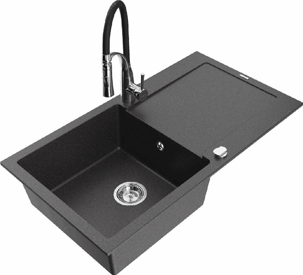 Granitinė virtuvinė plautuvė Mexen Leo su maišytuvu ir sifonu, Juodas granite+Juodas/Chrome