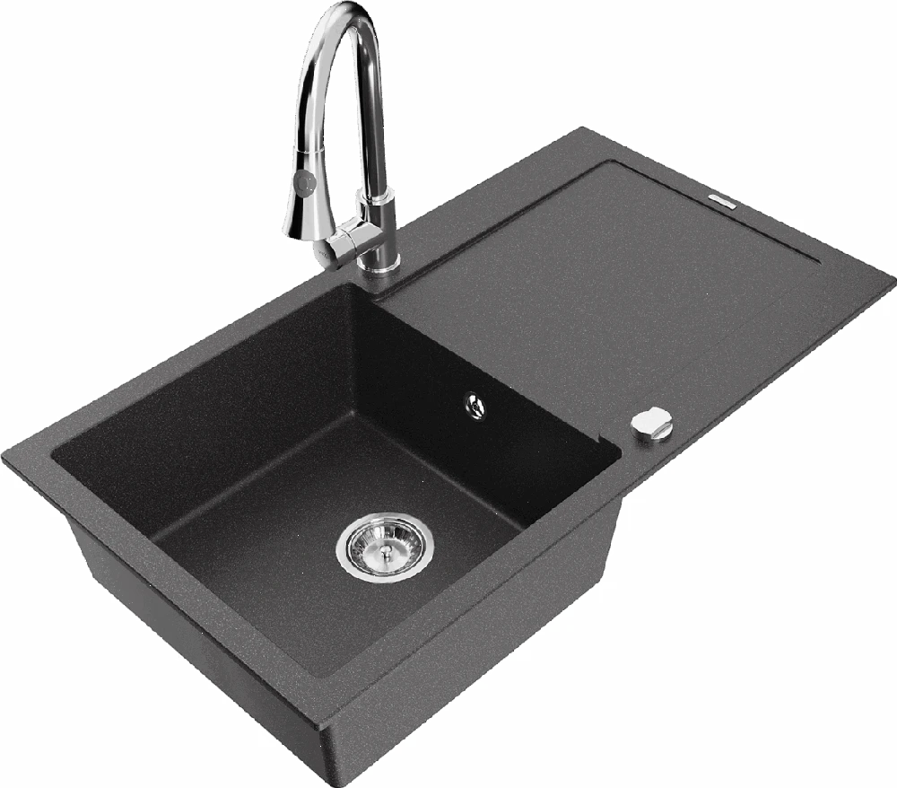Granitinė virtuvinė plautuvė Mexen Leo su maišytuvu ir sifonu, Juodas granite+Chrome