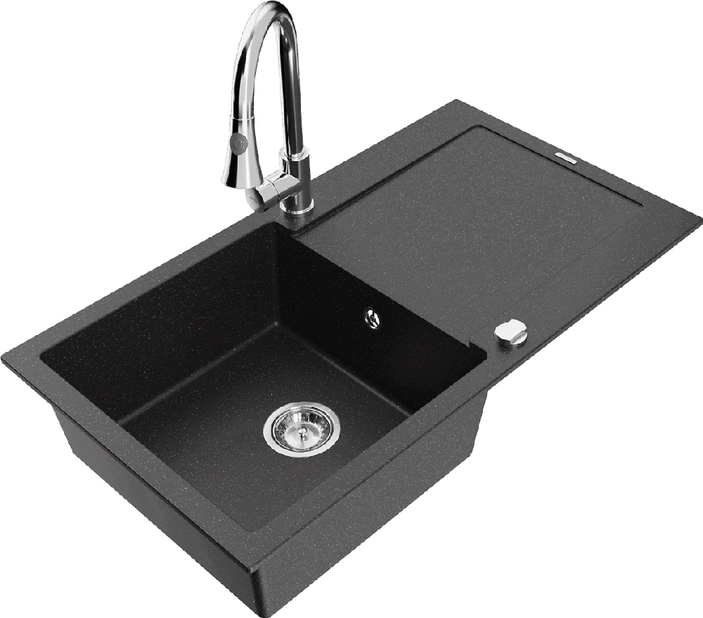 Granitinė virtuvinė plautuvė Mexen Leo su maišytuvu ir sifonu, Metallic juodas/sidabrinis+Chrome