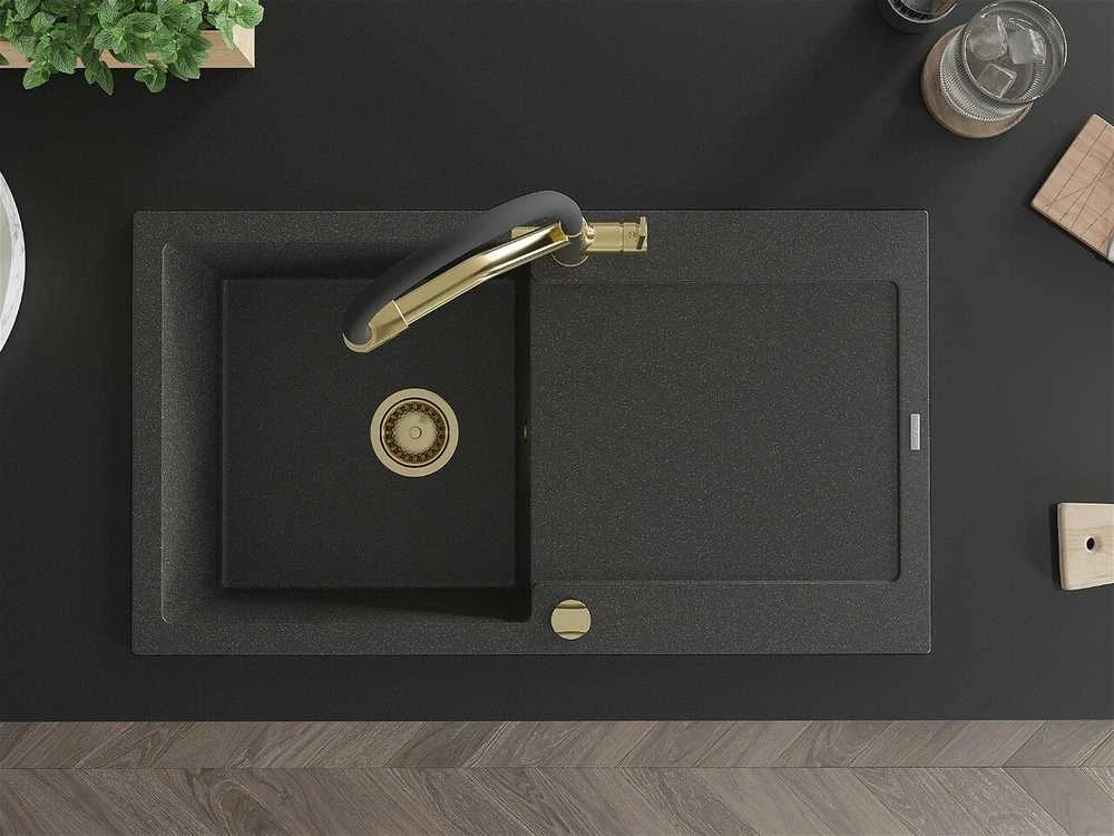Granitinė virtuvinė plautuvė Mexen Leo su maišytuvu ir sifonu, Juodas granite+Juodas/Gold