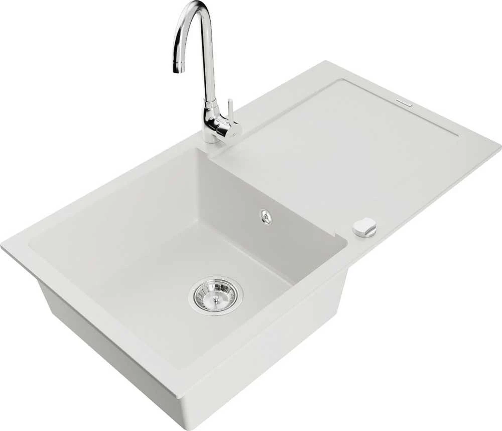 Granitinė virtuvinė plautuvė Mexen Leo su maišytuvu ir sifonu, Baltas+Chrome