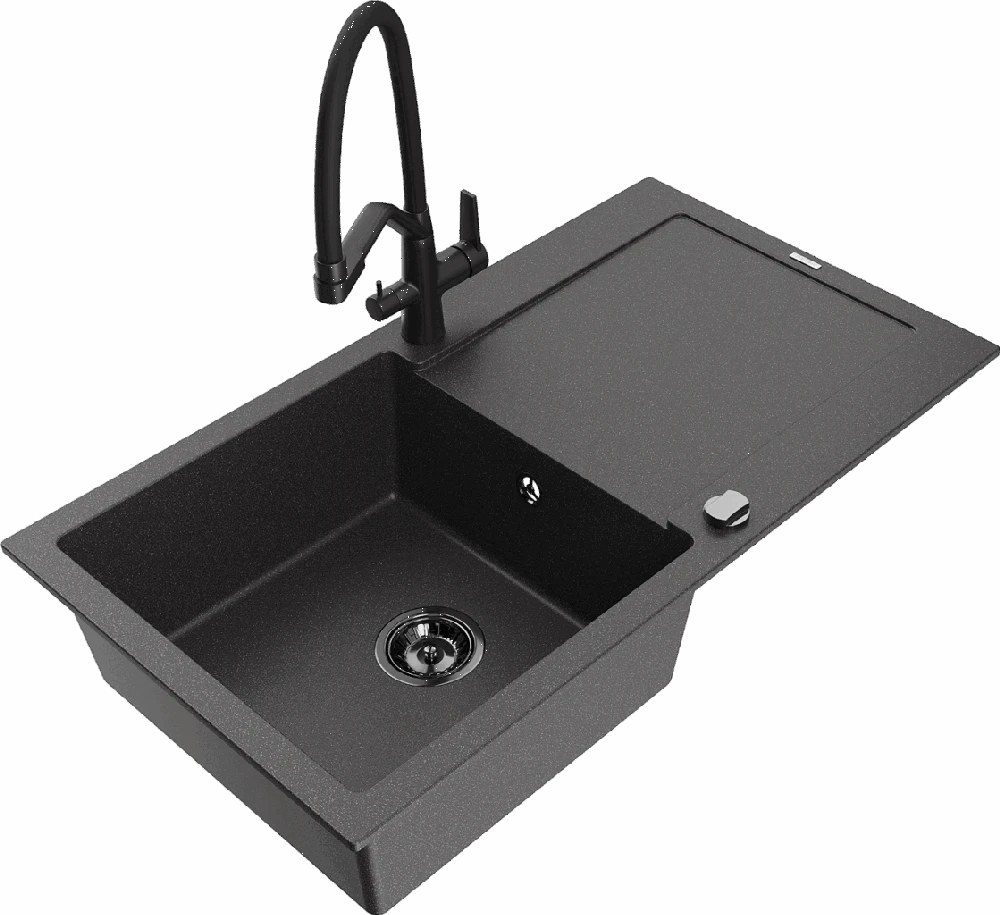 Granitinė virtuvinė plautuvė Mexen Leo su maišytuvu ir sifonu, Juodas granite+Juodas