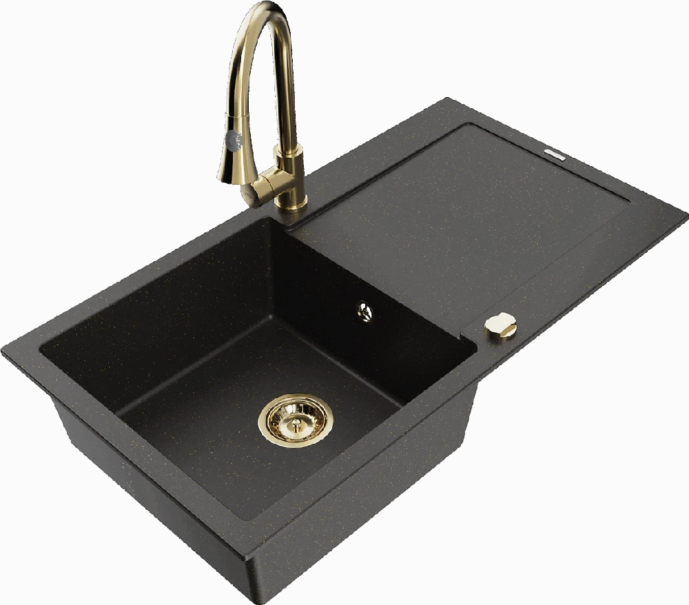 Granitinė virtuvinė plautuvė Mexen Leo su maišytuvu ir sifonu, Metallic juodas/auksinis+Gold