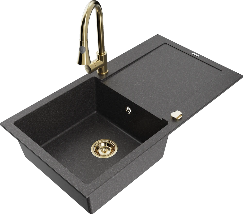 Granitinė virtuvinė plautuvė Mexen Leo su maišytuvu ir sifonu, Juodas granite+Gold