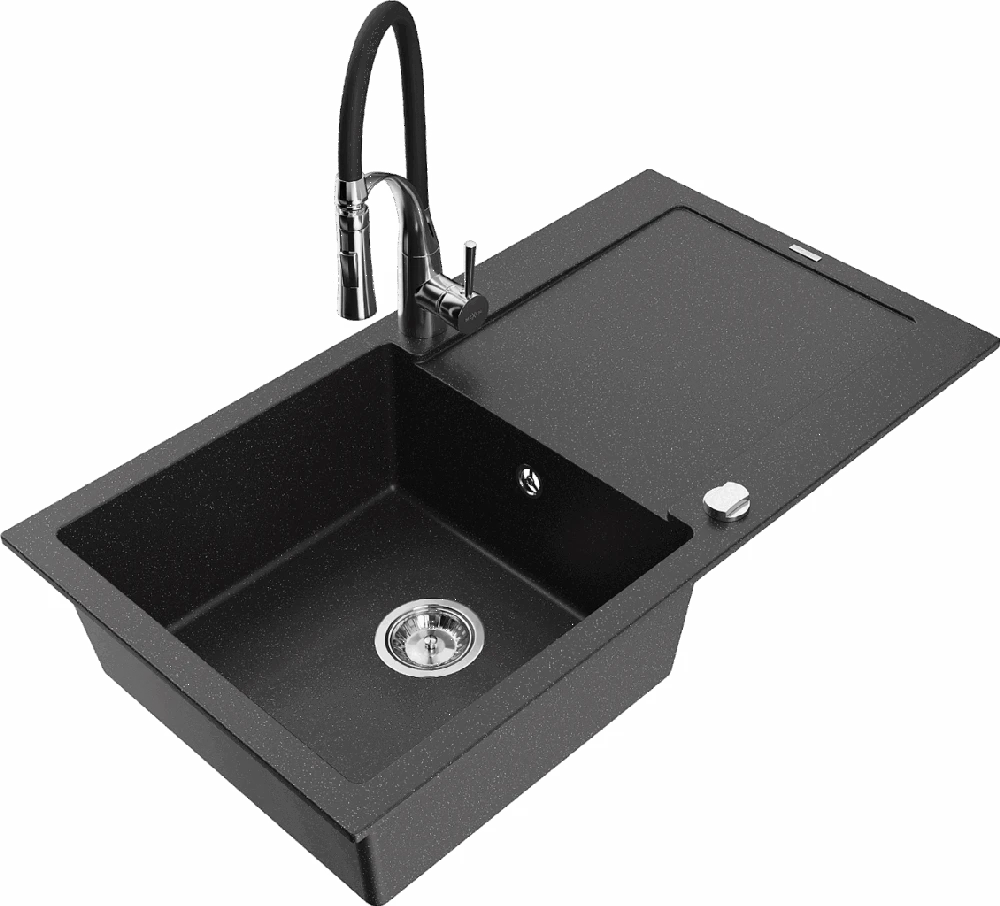 Granitinė virtuvinė plautuvė Mexen Leo su maišytuvu ir sifonu, Metallic juodas/sidabrinis+Juodas/Chrome