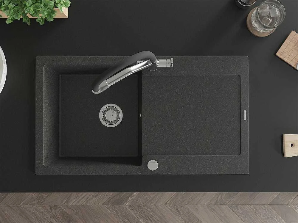 Granitinė virtuvinė plautuvė Mexen Leo su maišytuvu ir sifonu, Juodas granite+Juodas/Chrome