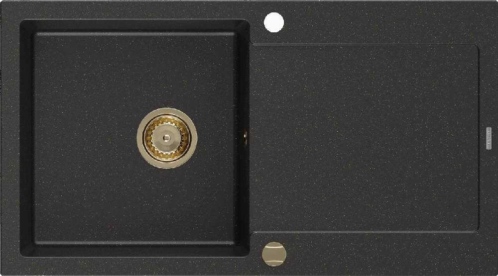 Granitinė virtuvinė plautuvė Mexen Leo su sifonu, Metallic juodas/auksinis+Gold, 900 x 500 mm