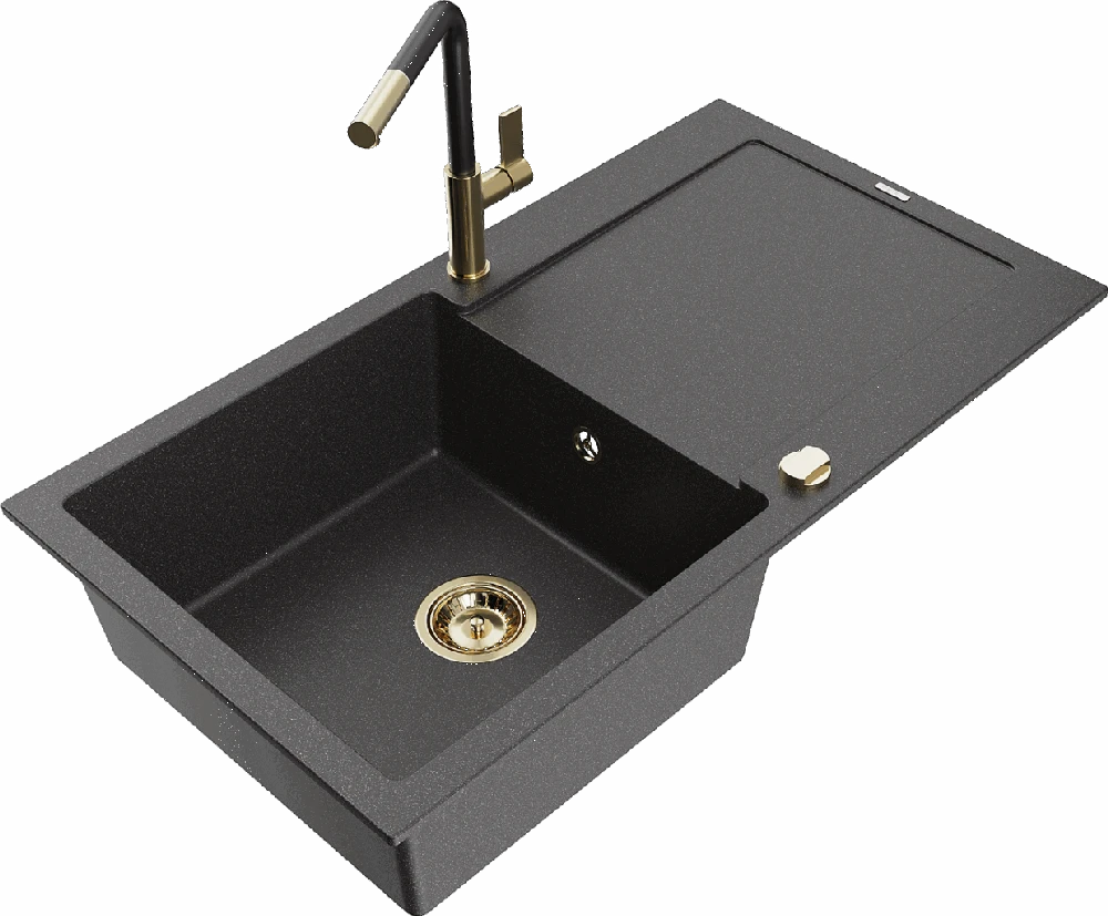 Granitinė virtuvinė plautuvė Mexen Leo su maišytuvu ir sifonu, Juodas granite+Juodas/Gold