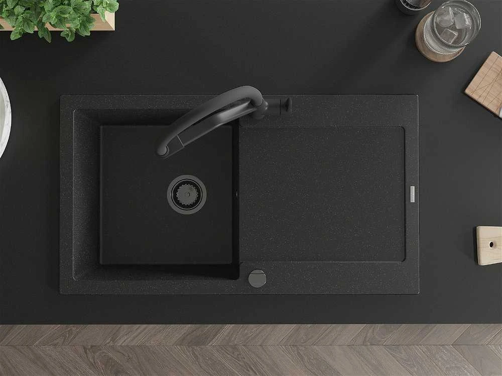 Granitinė virtuvinė plautuvė Mexen Leo su maišytuvu ir sifonu, Metallic juodas/sidabrinis+Juodas