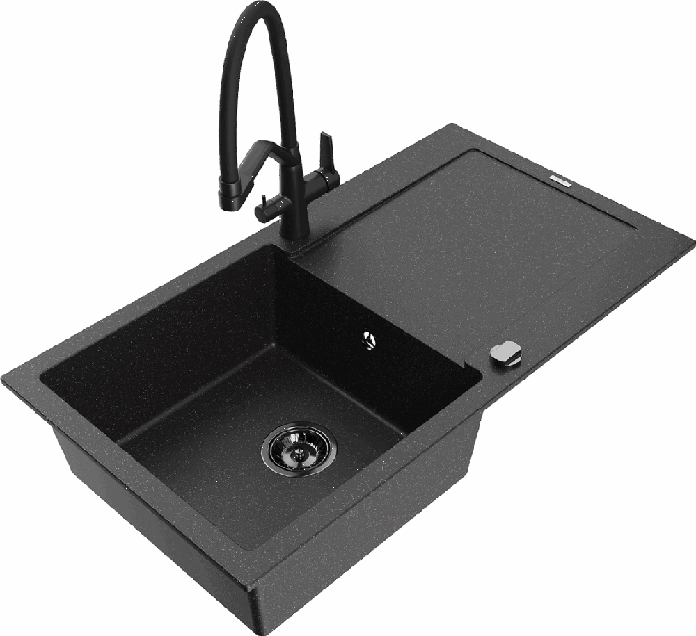 Granitinė virtuvinė plautuvė Mexen Leo su maišytuvu ir sifonu, Metallic juodas/sidabrinis+Juodas