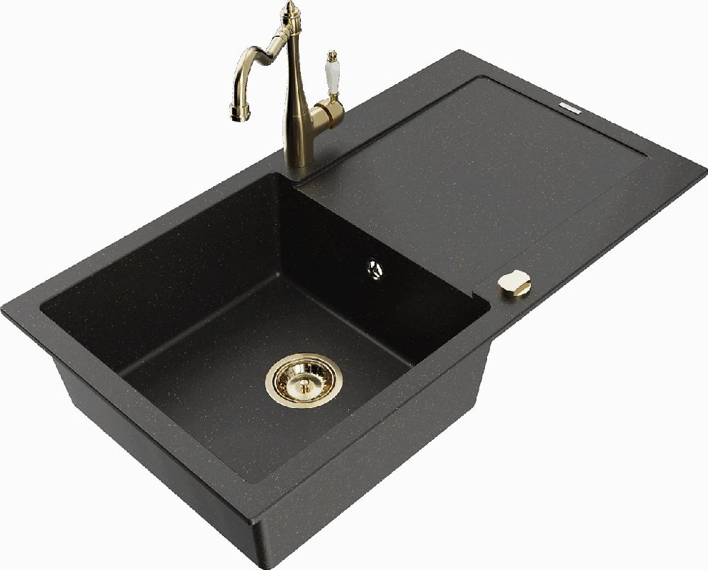 Granitinė virtuvinė plautuvė Mexen Leo su maišytuvu ir sifonu, Metallic juodas/auksinis+Gold