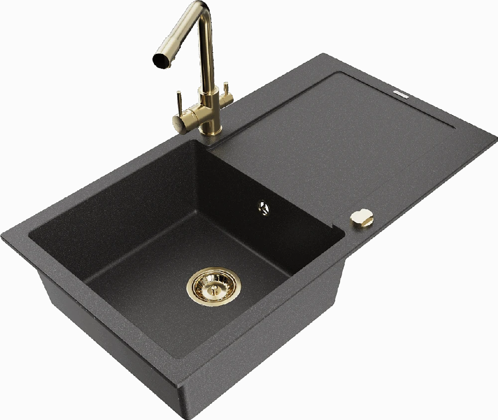 Granitinė virtuvinė plautuvė Mexen Leo su maišytuvu ir sifonu, Juodas granite+Gold