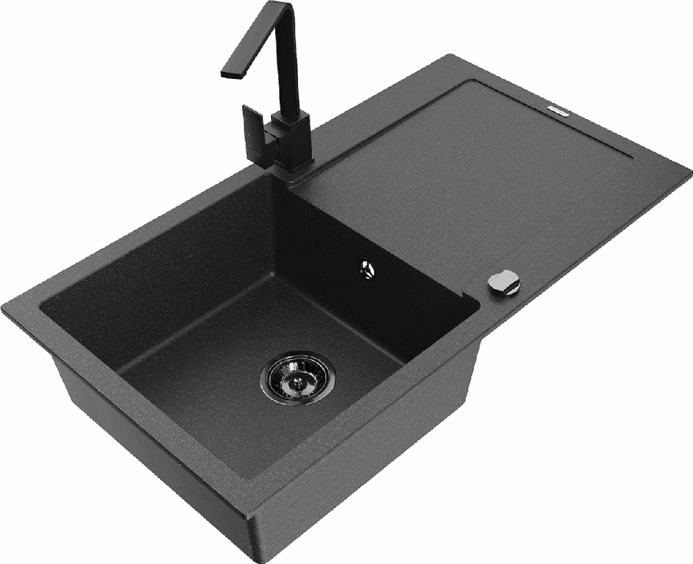 Granitinė virtuvinė plautuvė Mexen Leo su maišytuvu ir sifonu, Juodas granite+Juodas