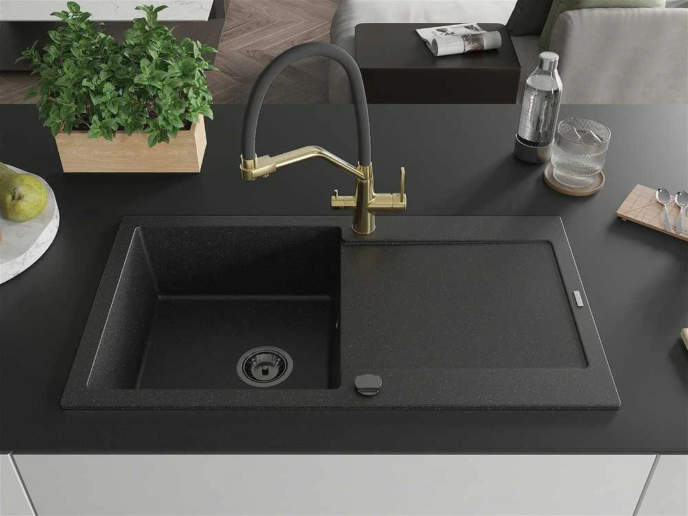 Granitinė virtuvinė plautuvė Mexen Leo su maišytuvu ir sifonu, Metallic juodas/sidabrinis+Juodas/Gold