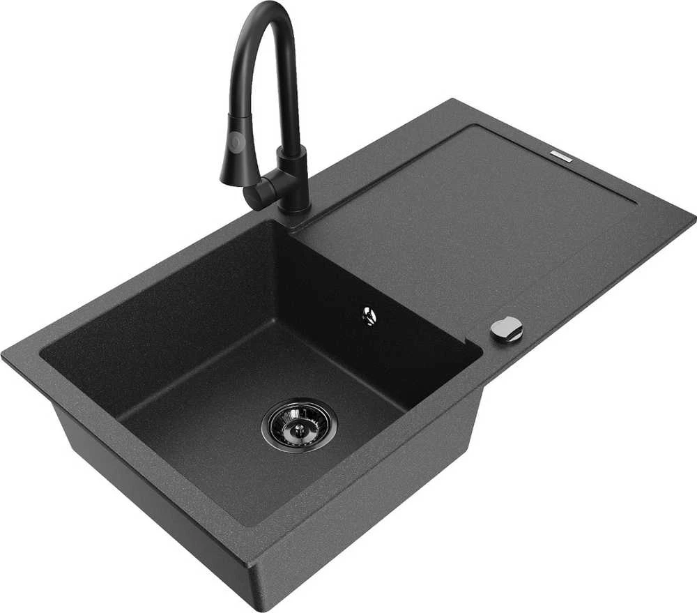Granitinė virtuvinė plautuvė Mexen Leo su maišytuvu ir sifonu, Juodas granite+Juodas
