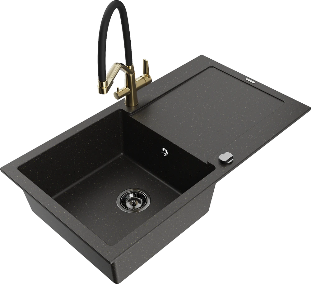 Granitinė virtuvinė plautuvė Mexen Leo su maišytuvu ir sifonu, Metallic juodas/auksinis+Juodas/Gold