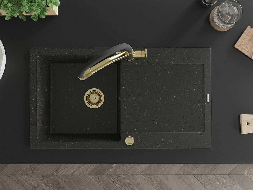 Granitinė virtuvinė plautuvė Mexen Leo su maišytuvu ir sifonu, Metallic juodas/auksinis+Juodas/Gold