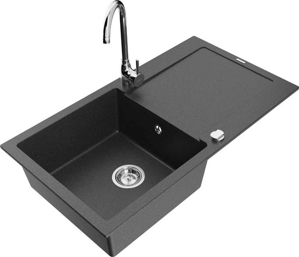 Granitinė virtuvinė plautuvė Mexen Leo su maišytuvu ir sifonu, Juodas granite+Chrome