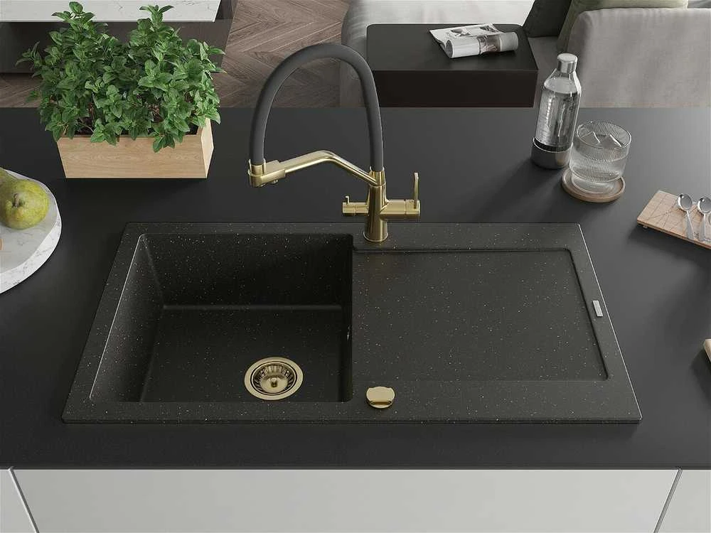 Granitinė virtuvinė plautuvė Mexen Leo su maišytuvu ir sifonu, Metallic juodas/auksinis+Juodas/Gold