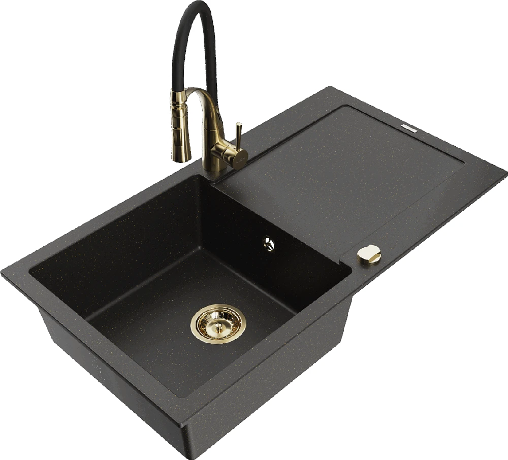 Granitinė virtuvinė plautuvė Mexen Leo su maišytuvu ir sifonu, Metallic juodas/auksinis+Juodas/Gold